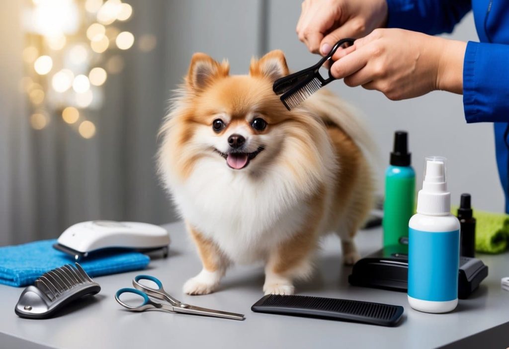 A pomeranian dog being groomed with a brush, scissors, and nail clippers on a table with grooming tools and products scattered around