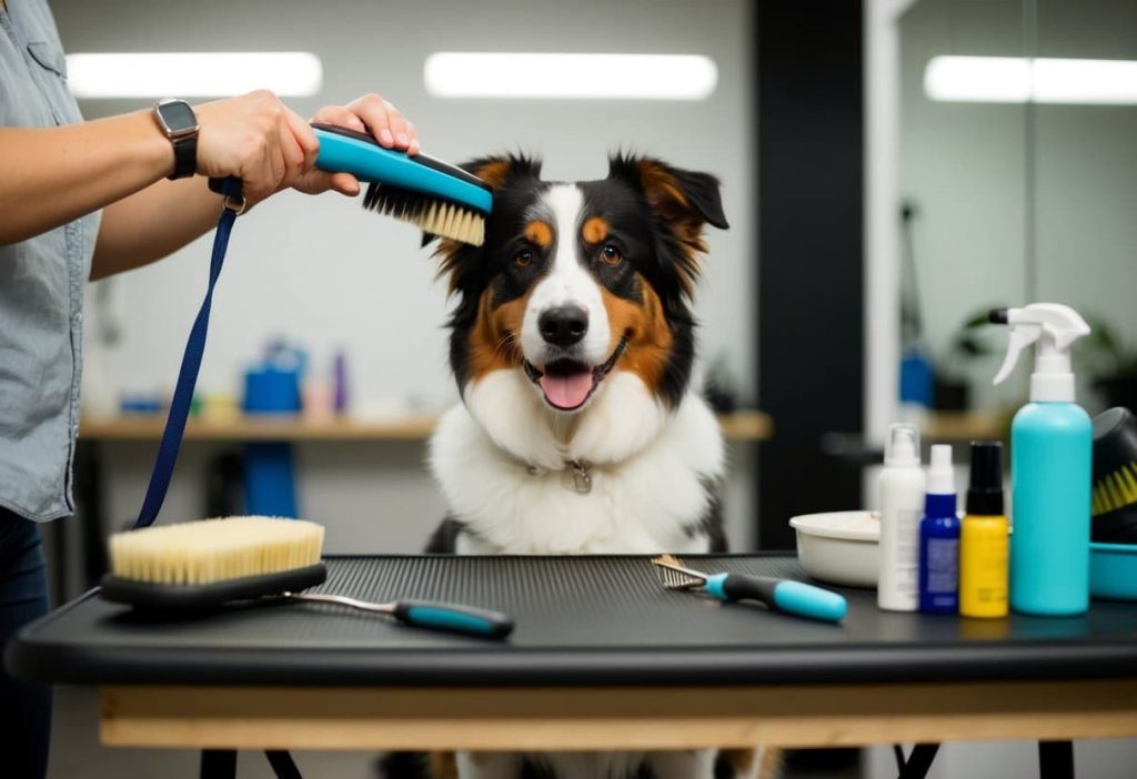 An Australian shepherd being groomed, with a brush in hand and a table covered in grooming tools and products