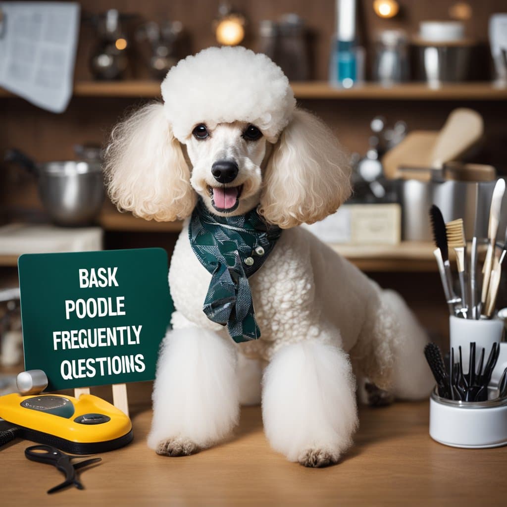 dog next to a sign that's full of spelling errors says "bask poodle freguently questioins"