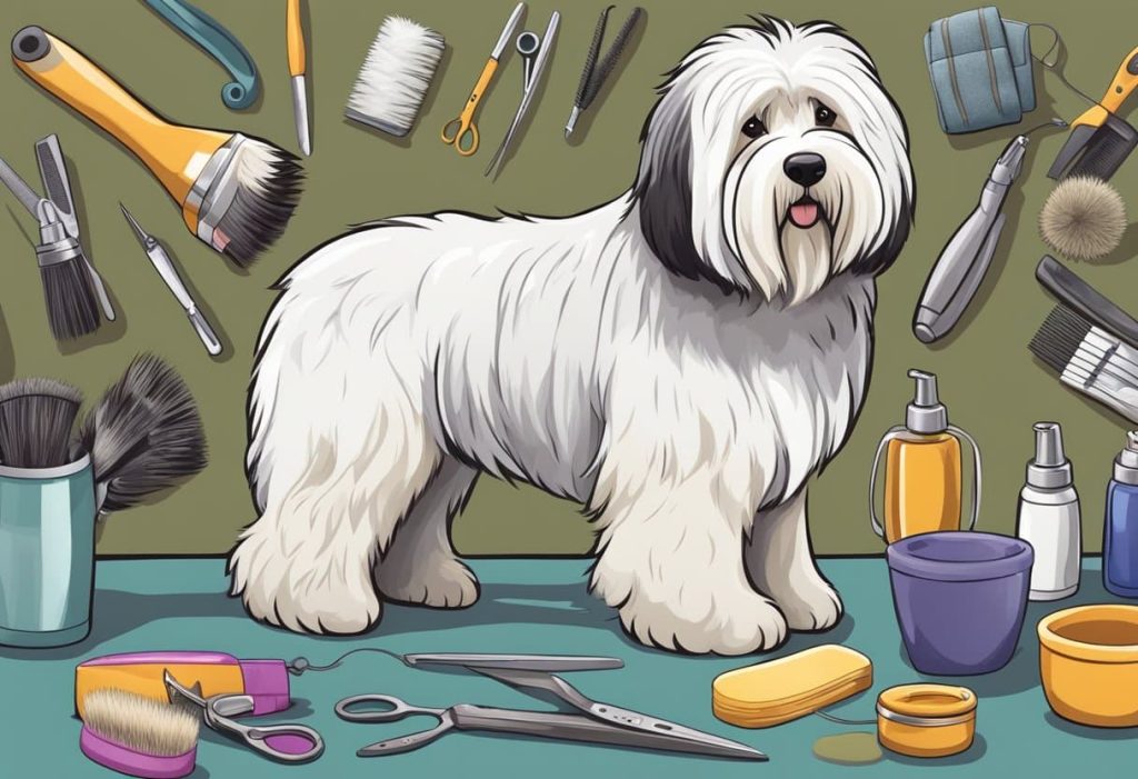 An old English sheepdog being groomed by a professional with various grooming tools and products scattered around