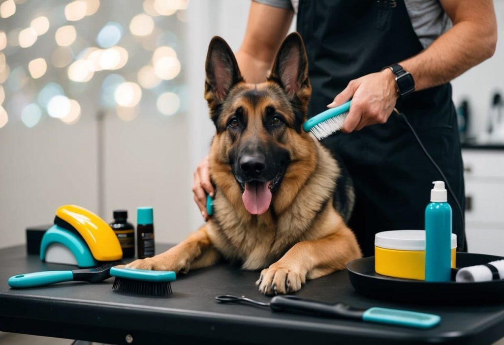 A German shepherd being groomed with a brush and comb, surrounded by grooming tools and products on a table