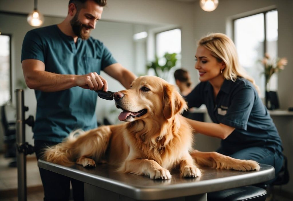 A golden retriever being brushed and trimmed by a groomer in a well-lit, spacious grooming salon