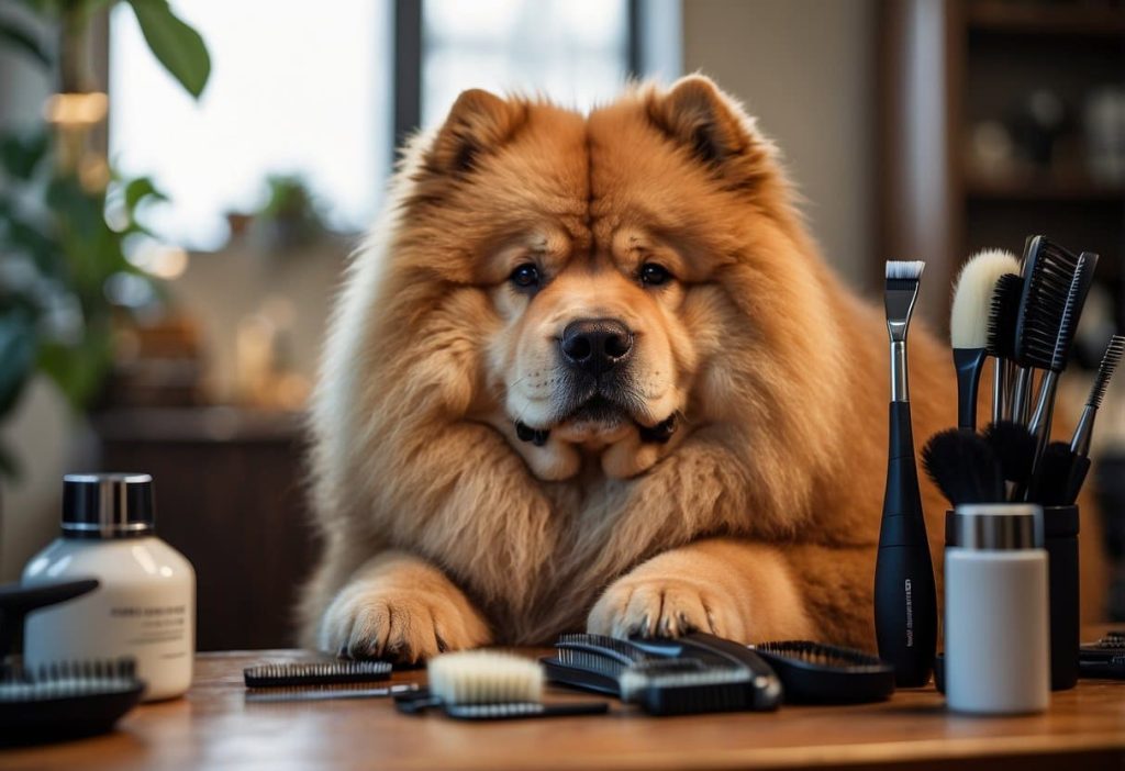 A fluffy Chow Chow dog being groomed with a brush and comb, surrounded by grooming tools and products in a cozy, well-lit room